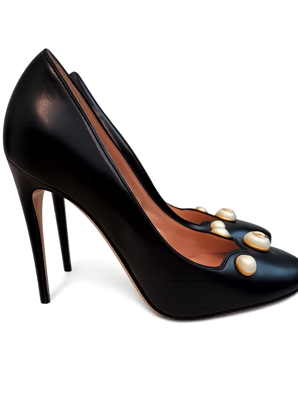 Gucci Black Scalloped Leather Pearl Embellished Pumps Women Heels Sz 36.5 US 6.5